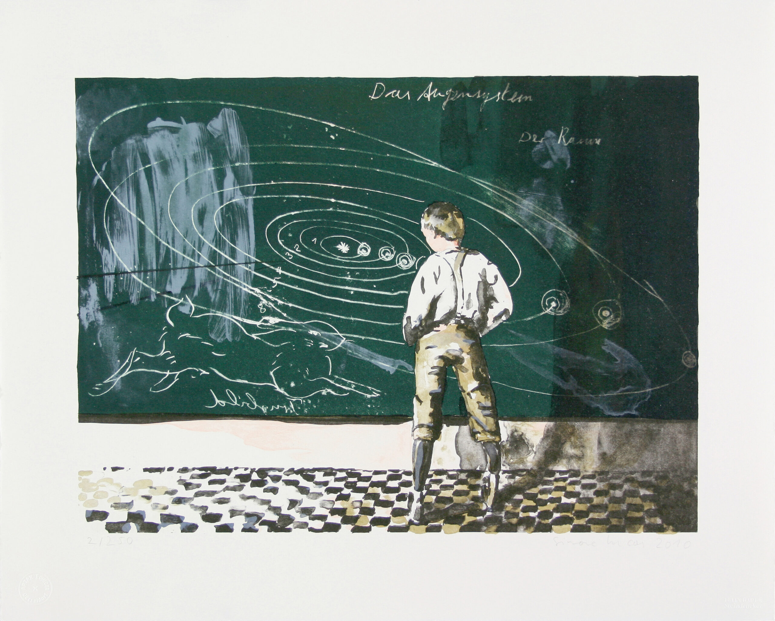 Simone Lucas, Trugbild, farbige Kreide- und Tuschelithographie (Handabzug) / 260 g Zerkall Bütten, 29,5 x 40,2 auf 40 x 50 cm